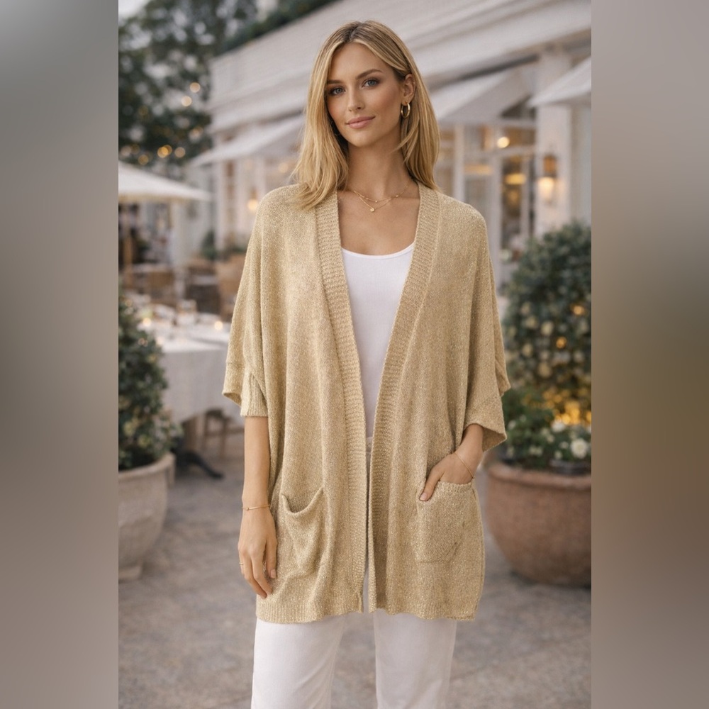 Lilly Pulitzer Gold Metallic Open Cardigan Pockets Lightweight Size M